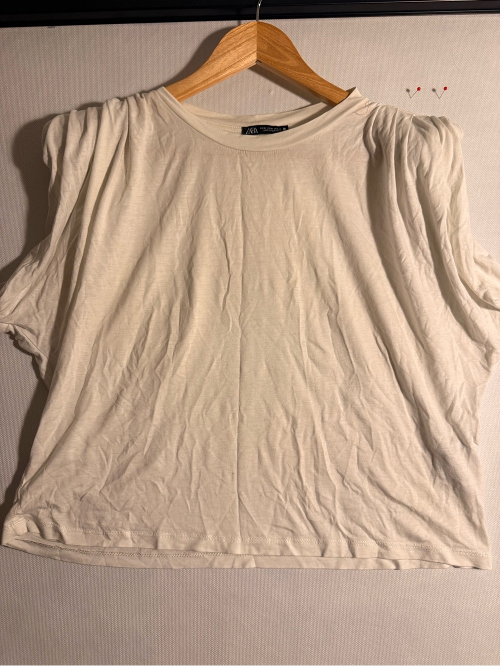 ZARA Cream Short Sleeve Tee with Subtle Puff Shoulders